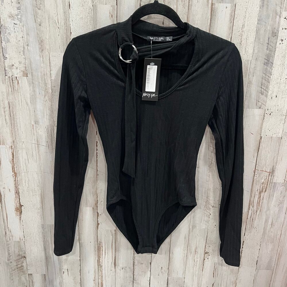 New Nastygal Black Ribbed O Ring Neck Tie Long Sleeve Bodysuit Women’s Size 2